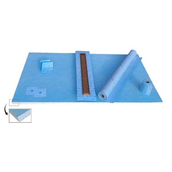 ALINO 48 in W x 48 in L Linear Center Shower Kit with Wall Membrane and Pre-Sloped Pan with PVC Flange 42 in. Gold Drain