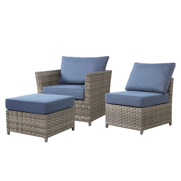 Cinnamon 3 Pieces Wicker Patio Conversation Seating Sofa Set with Denim Blue Cushions