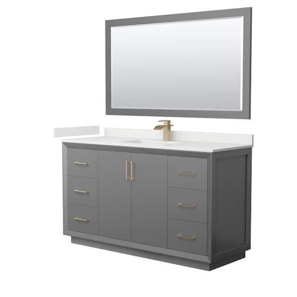 Wyndham Collection Strada 60 in. W x 22 in. D x 35 in. H Single Bath Vanity in Dark Gray with White Quartz Top and 58 in. Mirror