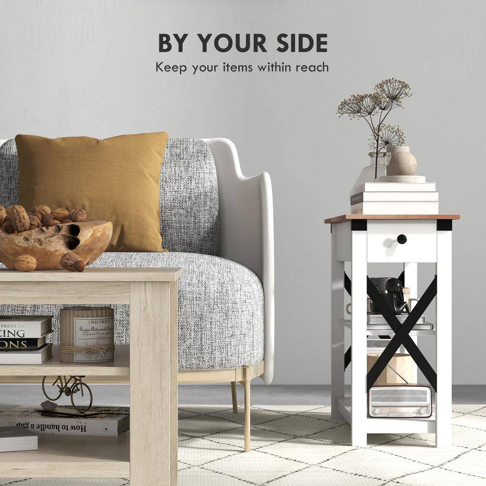 White Wood Side Table with Charging Station and Storage Shelves