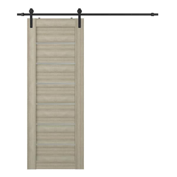 Belldinni Alba 27.75 in. x 95.25 in. 7-Lite Frosted Glass Shambor Wood Composite Sliding Barn Door with Hardware Kit