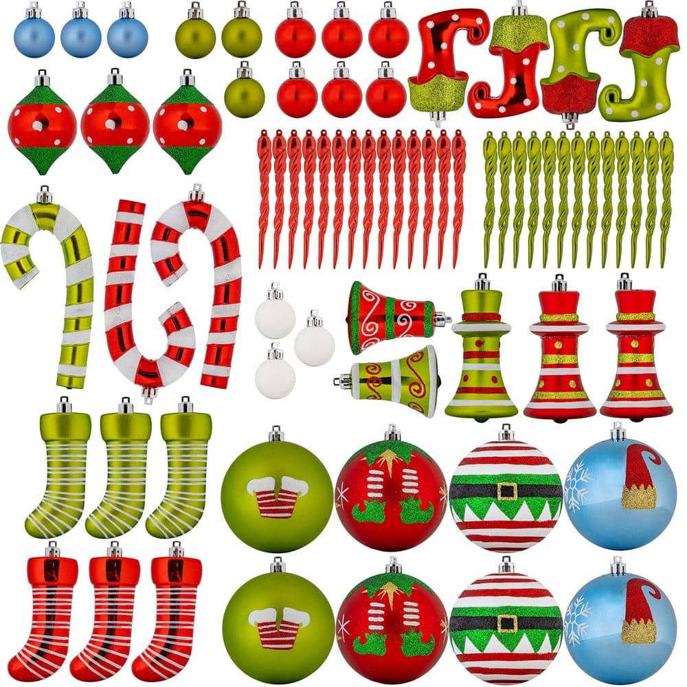 Elf Themed Shatterproof Plastic Christmas Ornament Set - 67 Pieces