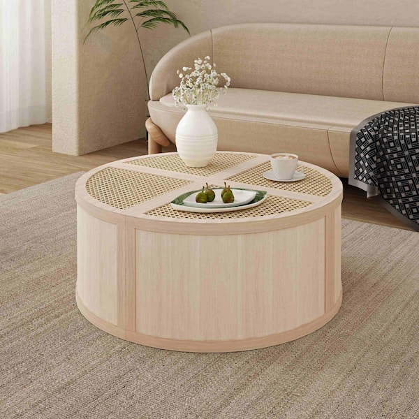 Polibi 31.4 in. Light Natural Round Wood Coffee Table with Free Modular Feature