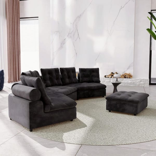 130 in. Square Arm Rectangle 3-Seater Frosted Velvet Free Modular Sectional Sofa with Ottoman in Gray