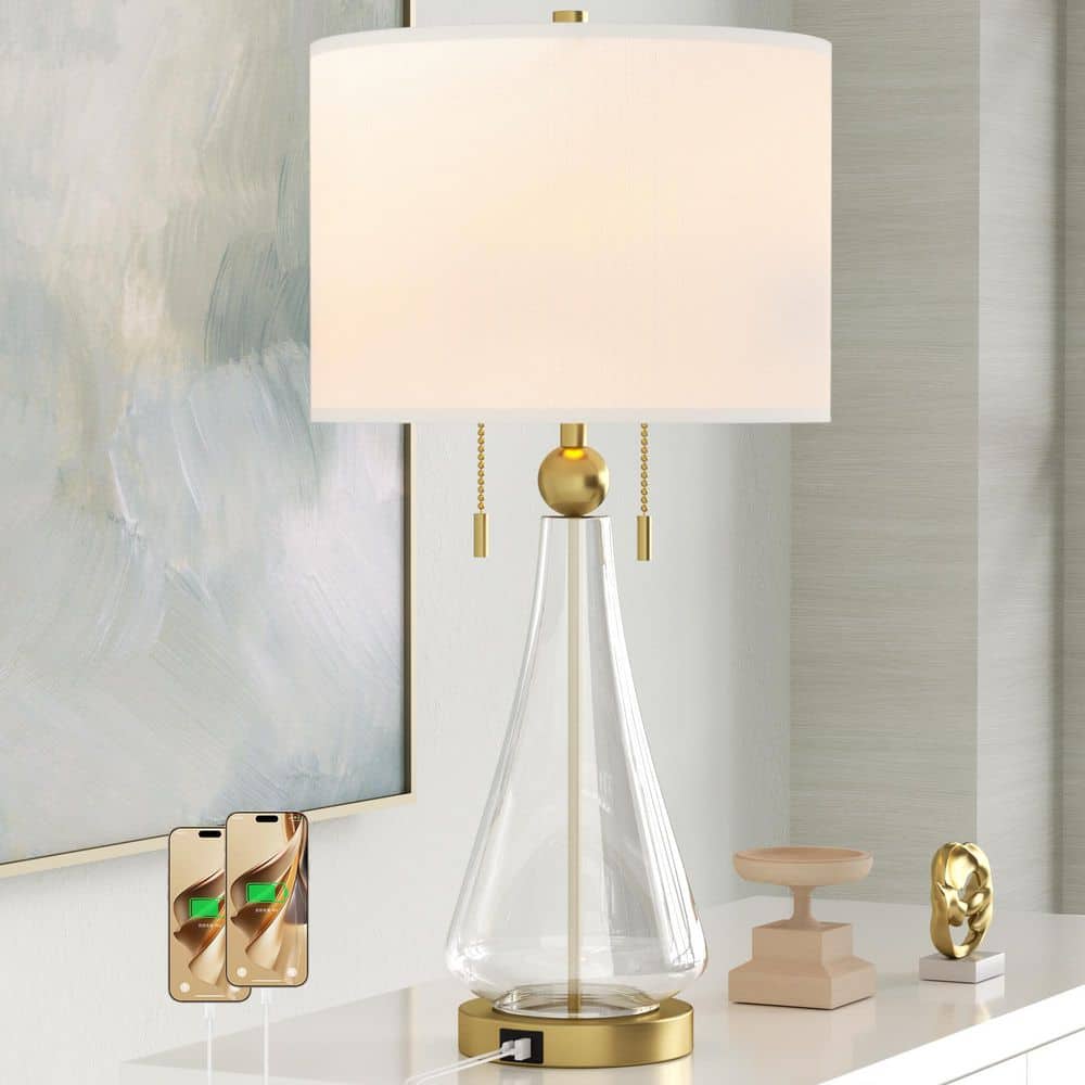 28 in. Clear Vintage Glass Bedroom Living Room Bedside Desk Nightstand Tall Table Lamps USB Port With Linen Shade price history on PriceWatchPro