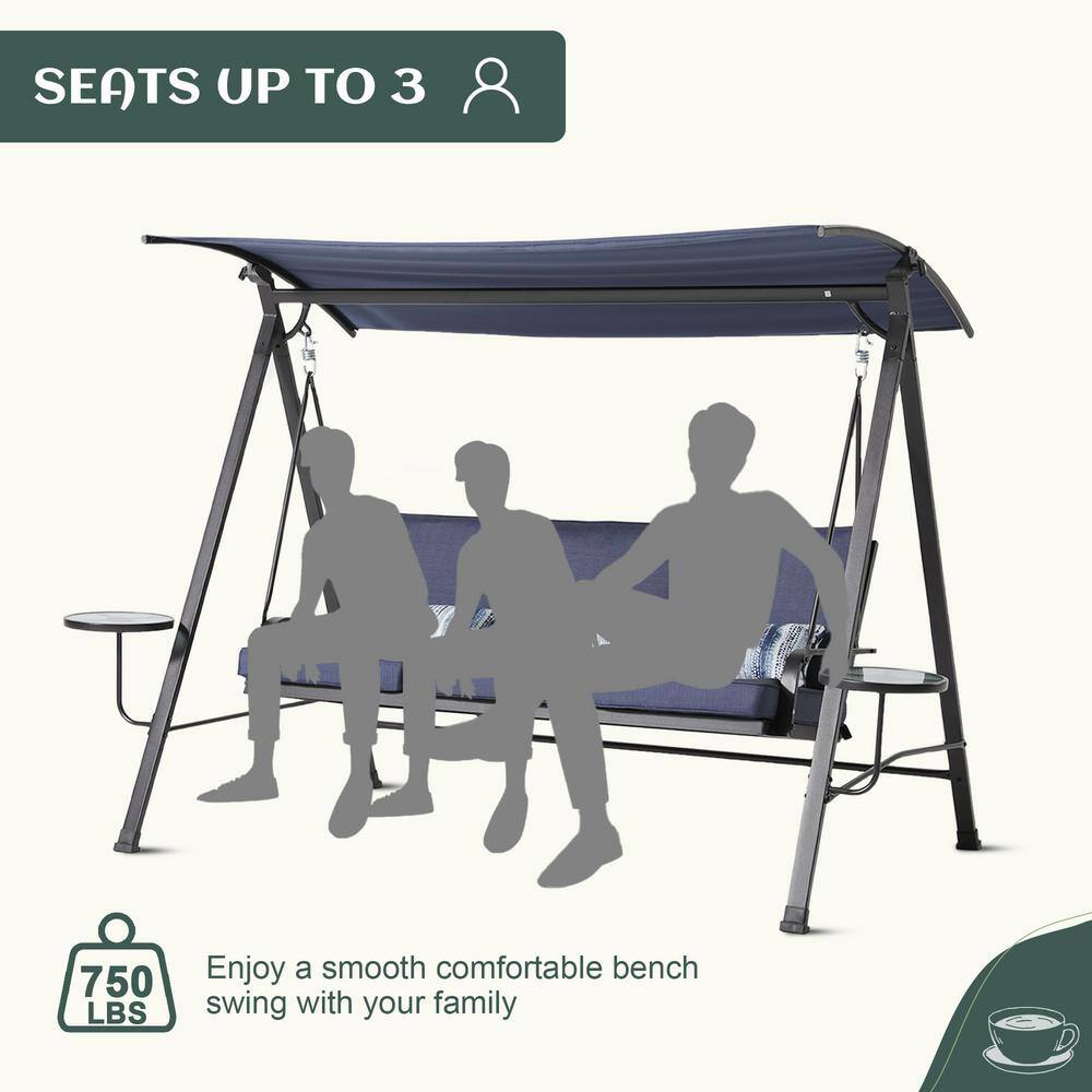 3-Person Black Steel Porch Swing with Blue Cushions and Canopy