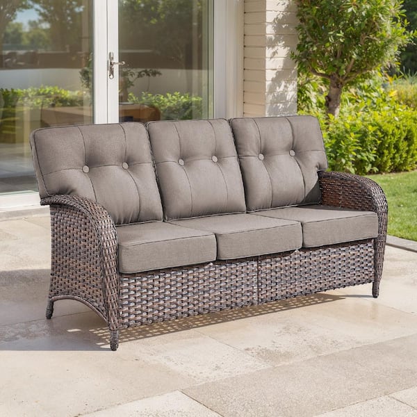 TWrap Brown Wicker Outdoor 3-Seat Couch with T-Shaped Back and 5 in. Thick Gray Box-Edge Cushions