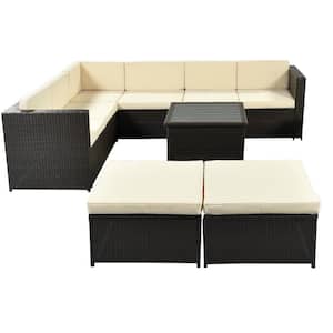 9-Piece Beige Wicker Outdoor Sectional Set with Beige Cushions and Ottoman