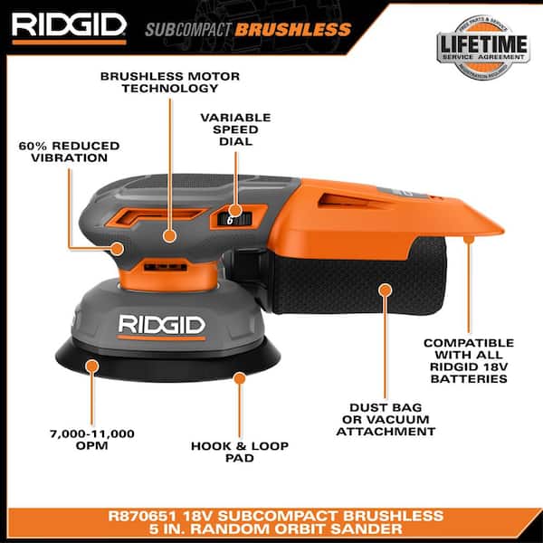 RIDGID 18V SubCompact Brushless Random Orbit Sander (Tool Only)