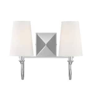 Cameron 15 in. W x 12 in. H 2-Light Polished Nickel Bathroom Vanity Light with White Fabric Shades