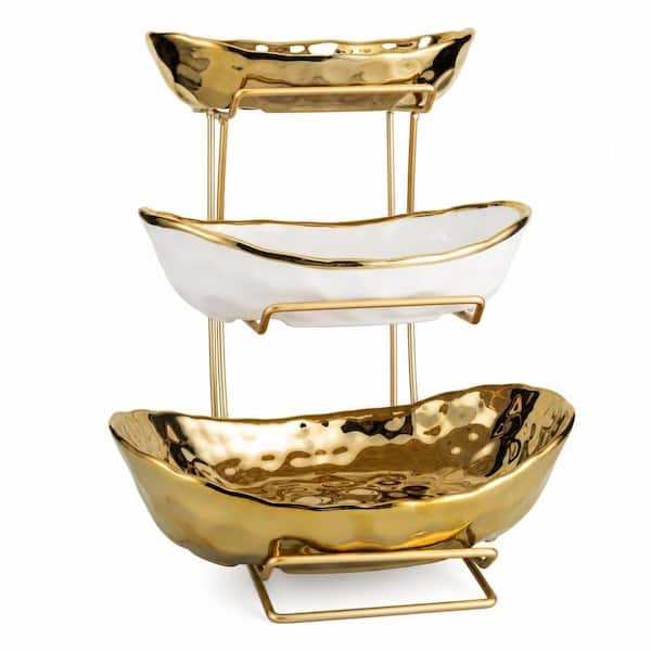 1 Piece Classic 3 Tier Ceramic Fruit Basket Set with Stainless Steel Stand, Multifunctional Kitchen Countertop Organizer