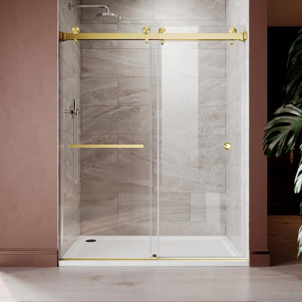UNIKOO UKD01 66 to 72 in. W x 72 in. H Double Sliding Frameless Shower Door in Satin Brass, EnduroShield 3/8 in. Clear Glass