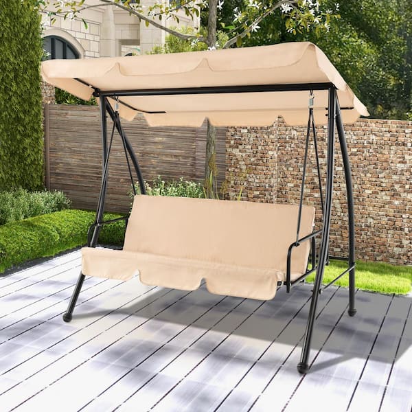 ANGELES HOME 2-Person Convertible Metal Patio Swing Chair with Flat Bed and Adjustable Canopy