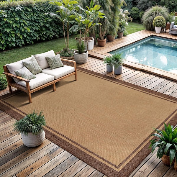 Hawaii Camel 9 ft. x 12 ft. Bordered Indoor Outdoor Area Rug