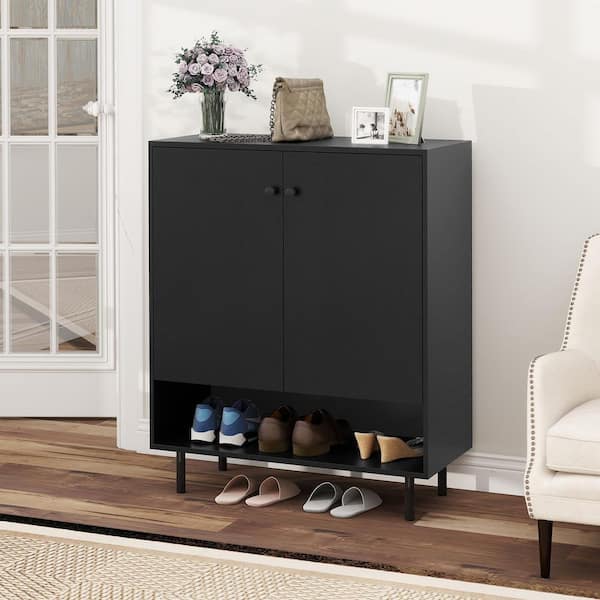 Black MDF Sideboard Buffet Cabinet 2-Door Kitchen Storage Cabinet w/ Adjustable Shelf