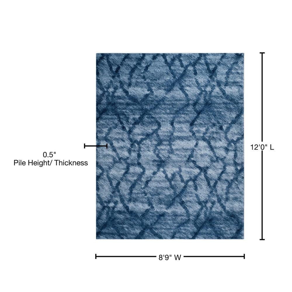 Blue and Dark Blue Abstract Shag 9' x 12' Rug