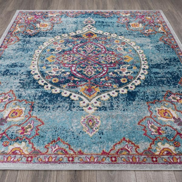 Ottomanson Rixos Collection Turquoise Grey 5 Ft 3 In X 7 Ft Distressed Medallion Design Vintage Area Rug Rix3262 5x7 The Home Depot