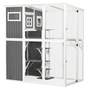 Walk-in Catio Outdoor Cat Enclosure Large for Multiple Cats of Any Size, 7 Jumping Platforms & Divided Den, Gray