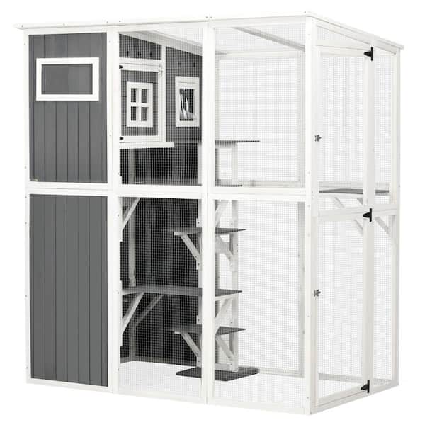 PawHut Walk-in Catio Outdoor Cat Enclosure Large for Multiple Cats of Any Size, 7 Jumping Platforms & Divided Den, Gray