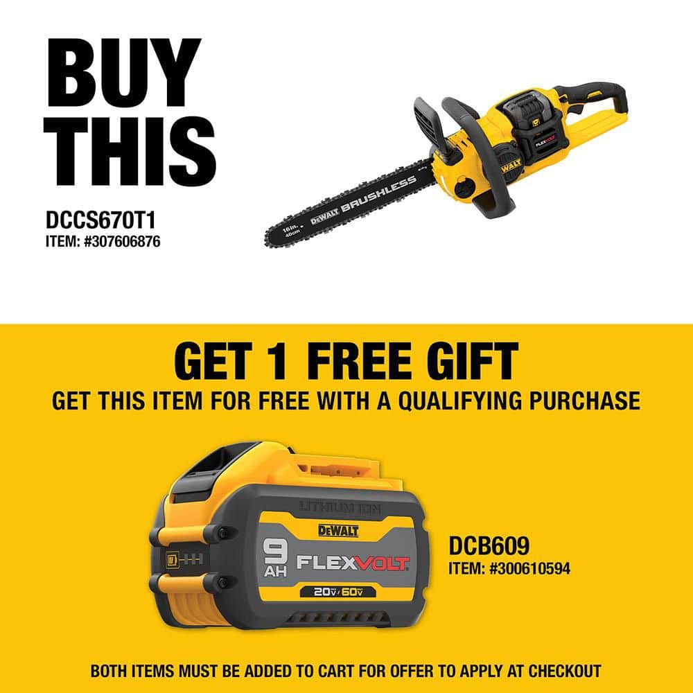 DEWALT FLEXVOLT 60V MAX 16in. Brushless Cordless Battery Powered Chainsaw Kit with (1) FLEXVOLT 2 Ah Battery & Charger DCCS670T1