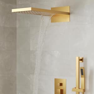 3-Spray 22 in. Wall Mount Rain and Waterfall Dual Fixed and Handheld Shower Head 2.5 GPM in Brushed Gold Valve Included