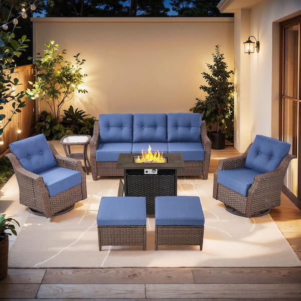 Modern Farmhouse 7-Piece Square Brown Wicker Fire Pit Conversation Set with Blue Cushions and Patio Swivel Chairs