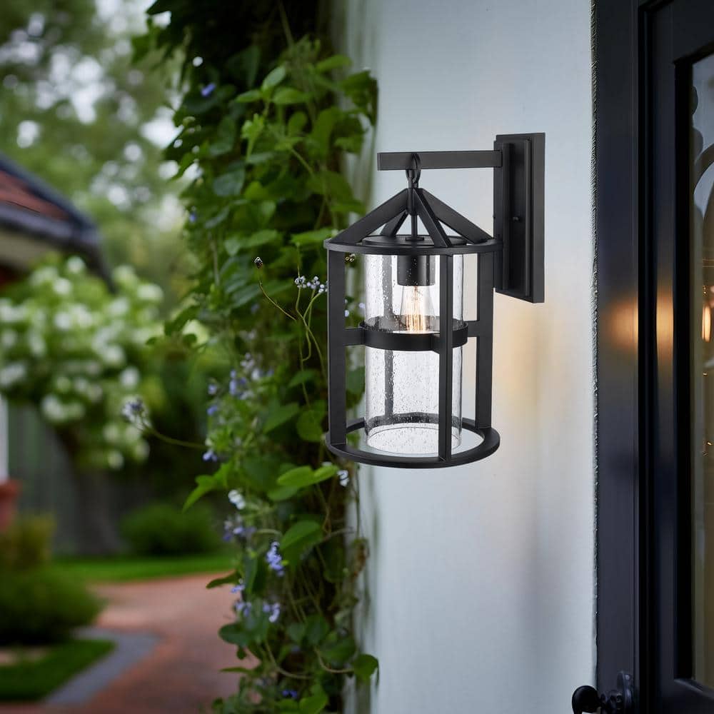 Prado 16.875 in. 1-Light Black Outdoor Hardwired Wall Lantern Sconce with No Bulbs Included and Seeded Glass price history on PriceWatchPro