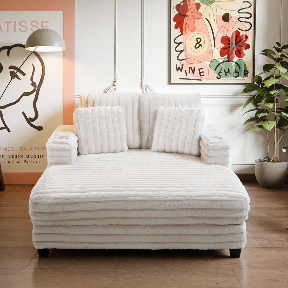 52.7 in. Polyester Pillow Arm 1-Piece Faux Rabbit Fur Oversized Chaise Lounge with Cup Holders Sectional Sofa in Ivory price history on PriceWatchPro