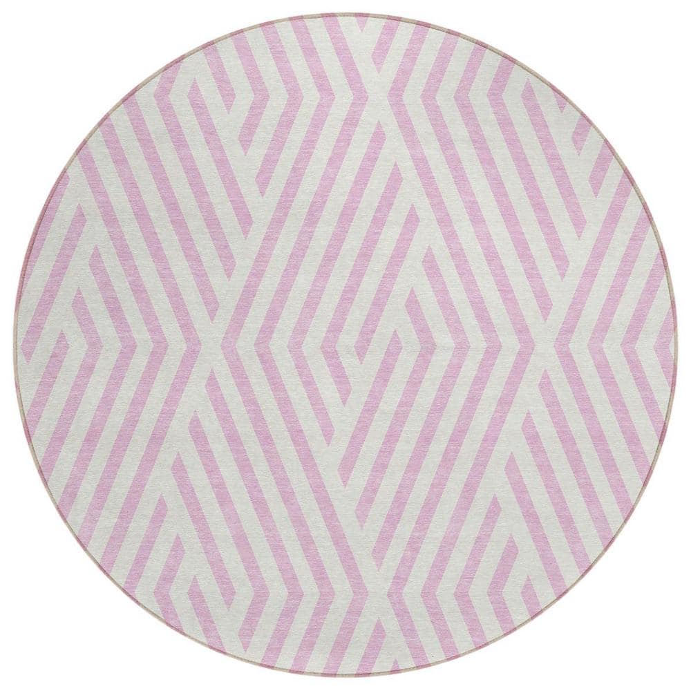 Pink and White 8 ft. Round Woven Geometric Round Indoor/Outdoor Area Rug price history on PriceWatchPro