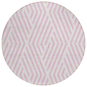 Pink and White 8 ft. Round Woven Geometric Round Indoor/Outdoor Area Rug