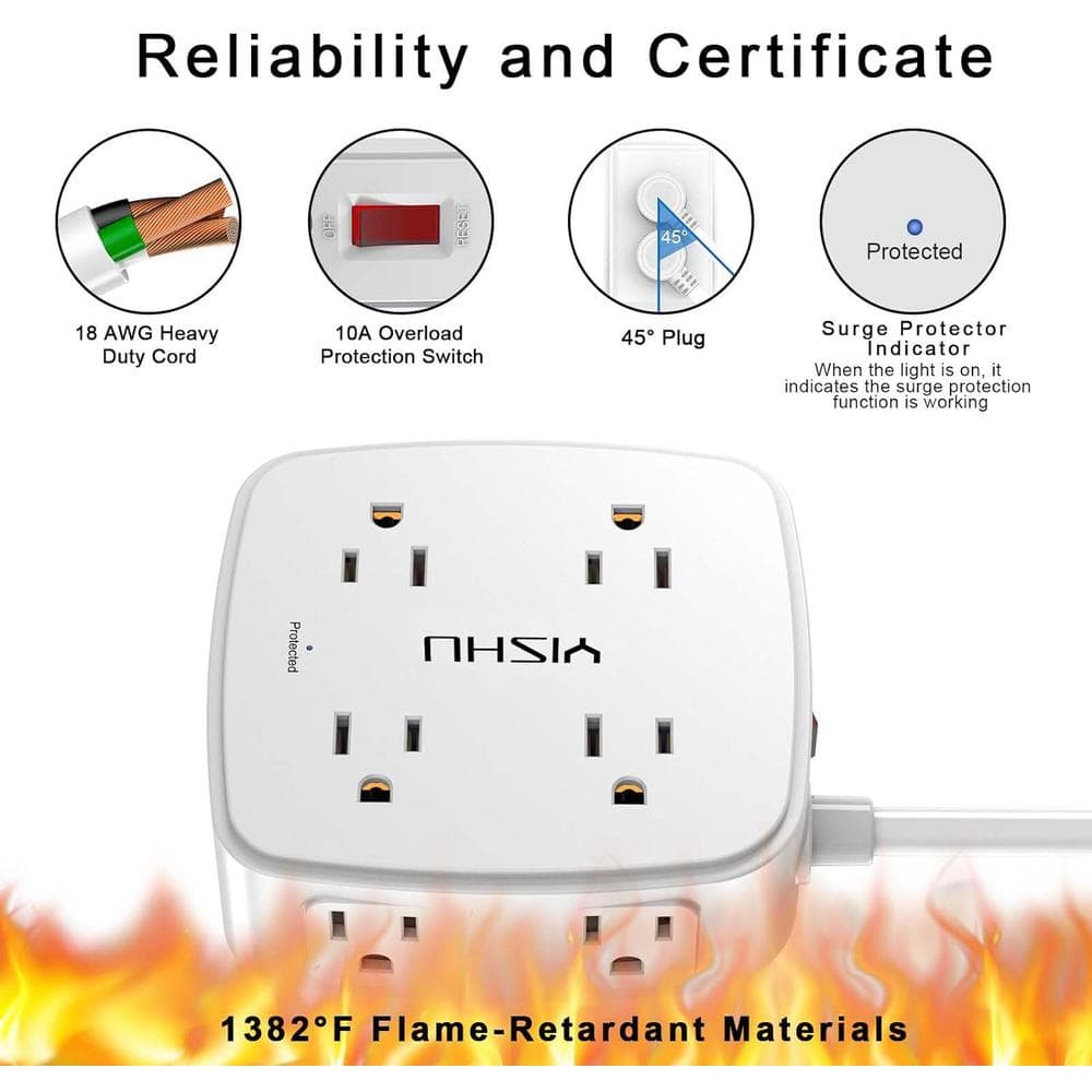 15 Ft White ABS 8-Outlet Power Strip with USB Ports