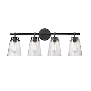 Amberose 31.4 in. 4-Light Matte Black Vanity Light with Clear Hammered Glass