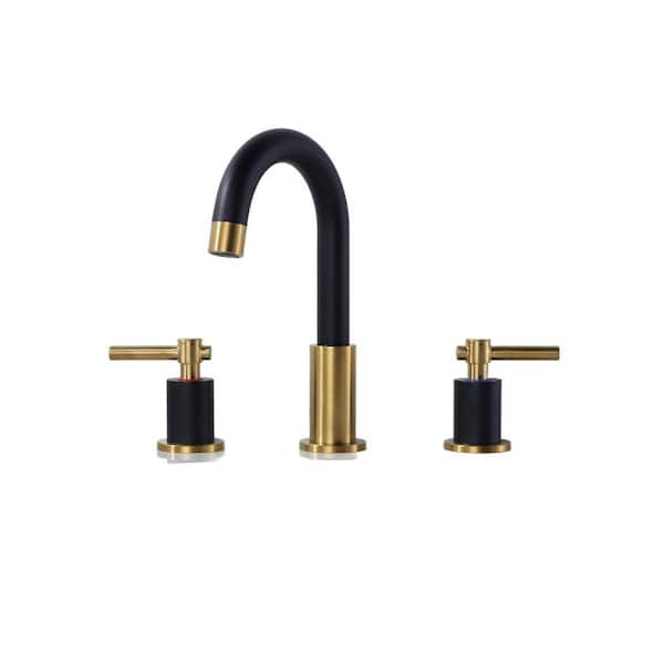 8 in. Widespread Double Handle Bathroom Faucet with Swivel Spout, Pop Up Drain and Supply Lines in Black and Gold