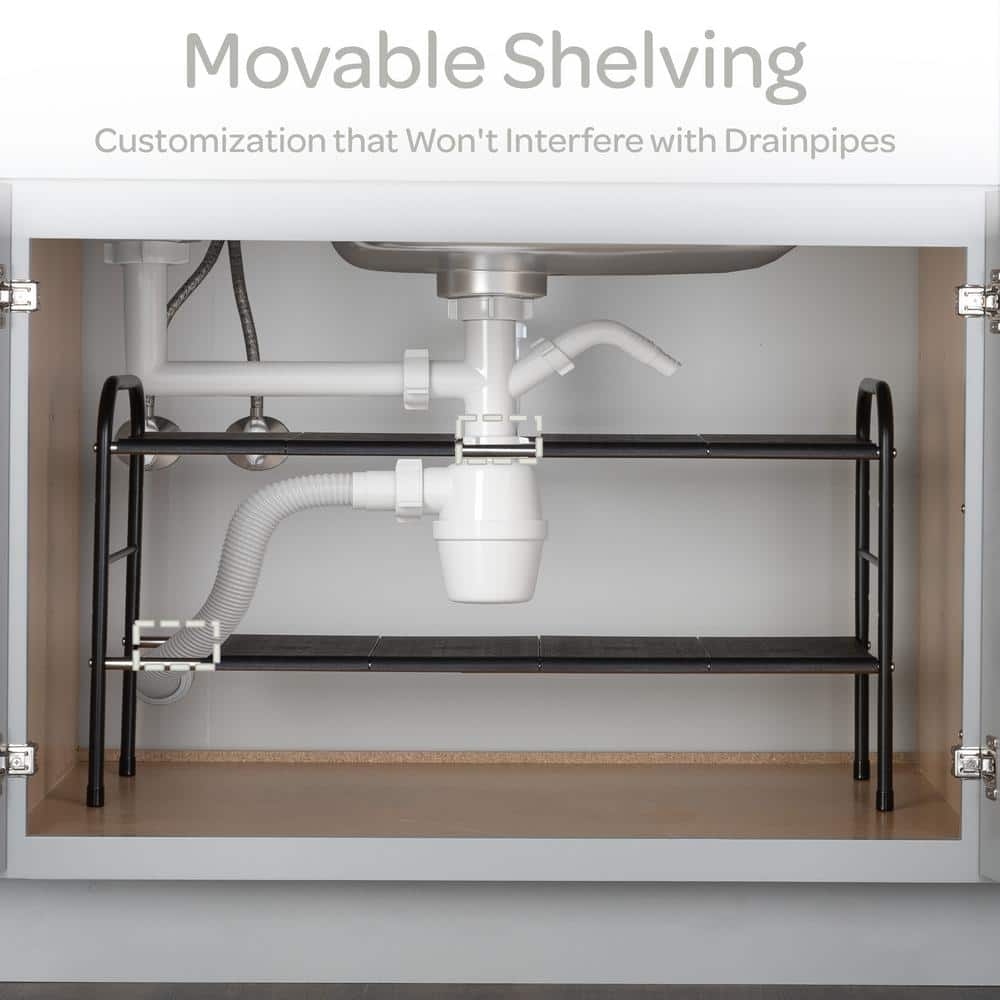 Black Adjustable 2-Tier Under Sink Organizer with Removable Panels