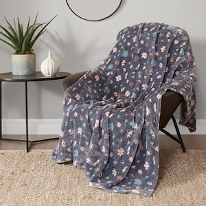 Tossed Blooms Gray 50 in. 70 in. Plush Throw Blanket