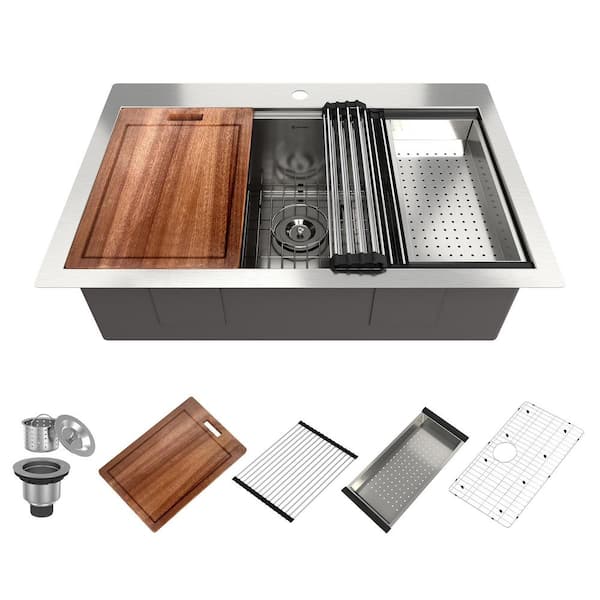 Boyel Living 33 in. Drop-In Single Bowl 18-Gauge Stainless Steel Kitchen Sink with Bottom Grid, Cutting Board and Strainer Basket