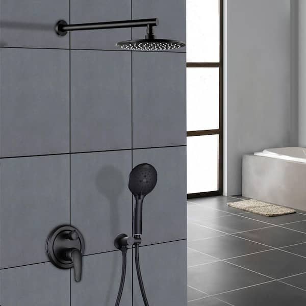 5-Spray 9 in. 2.66 GPM Wall Mount Dual Shower Heads with Handheld Built-In Shower System in Black
