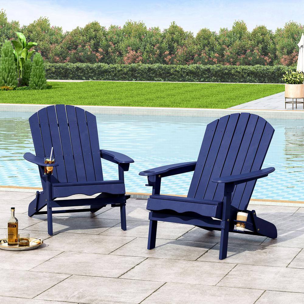Navy Blue Rustic Acacia Wood Folding Adirondack Chair Set