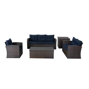 5-Piece Wicker Outdoor Dining Set with Washed Blue Cushion