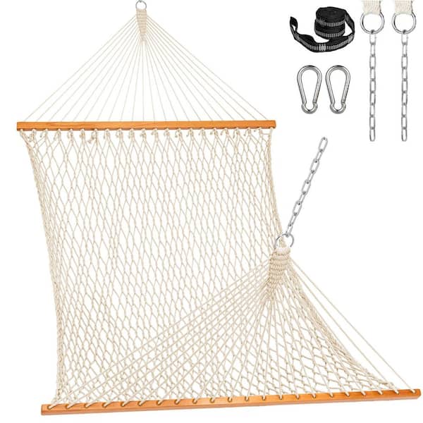 12.5 ft. White Double Rope Ha mmock Bed, 2 Person Traditional Outdoor Hand Woven Cotton Rope Ha mmock with Spreader Bar