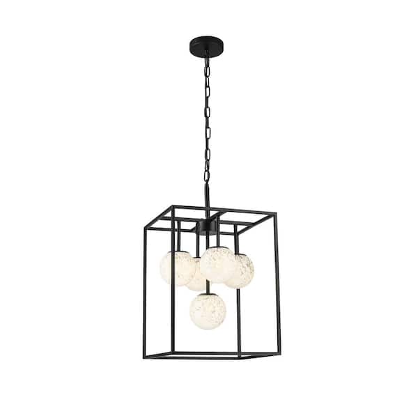 ELE Light & Decor Diana 5-Light Contemporary Foyer Hall Lantern Chandelier Art Deco Marbleized Glass Shades in Matte Black, Bulbs Included
