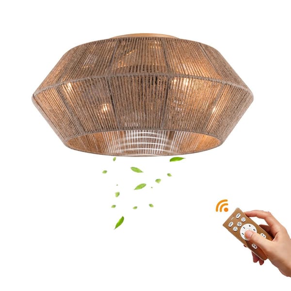 OUKANING 18 in. Indoor Brown Bohemian Rattan Caged Flush Mount Ceiling Fan with Remote for Bedroom Living Room, No Bulbs Included