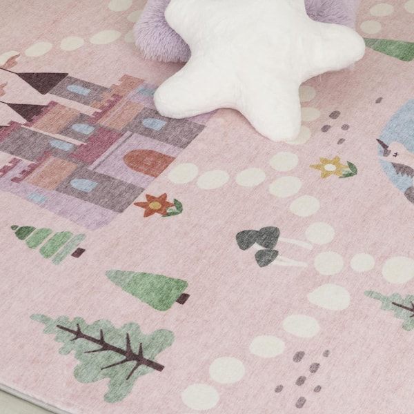 Soft Steps Playtime Pink White 4 ft. x 6 ft. Unicorns, Castle, Road Map, Area Rug