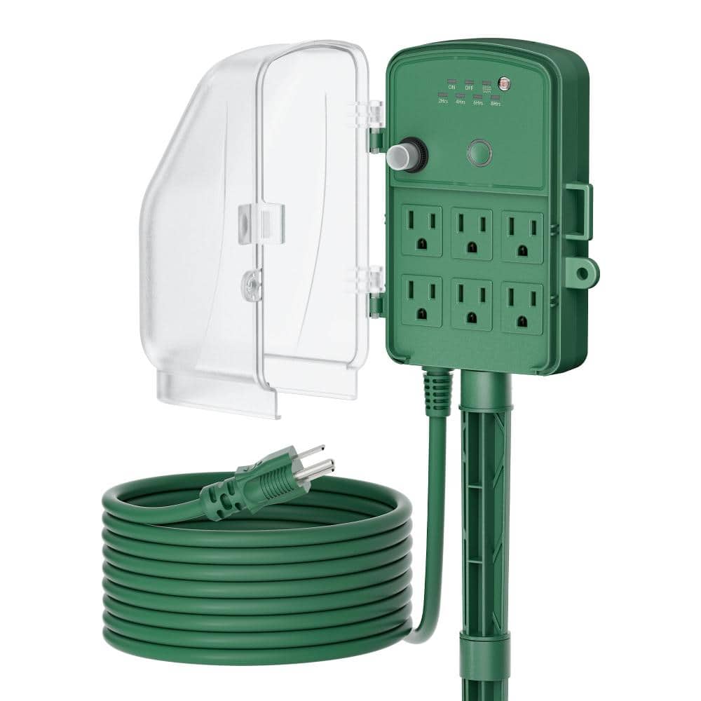 Outdoor Power Stake Timer, 15FT Extension Cord, 6 Outlets Remote Control Outdoor Power Strip with Cover,UL listed,Green price history on PriceWatchPro