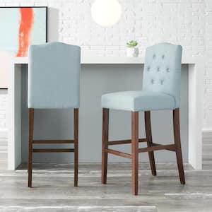 Beckridge Walnut Wood Upholstered Bar Stool with Tufted Back Light Blue Seat (Set of 2) (18.11 in. W x 46.06 in. H)