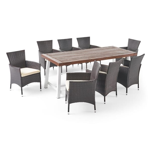 Flamingo 30 in. Dark Brown 9-Piece Metal Rectangular Patio Outdoor Dining Set with Beige Cushions