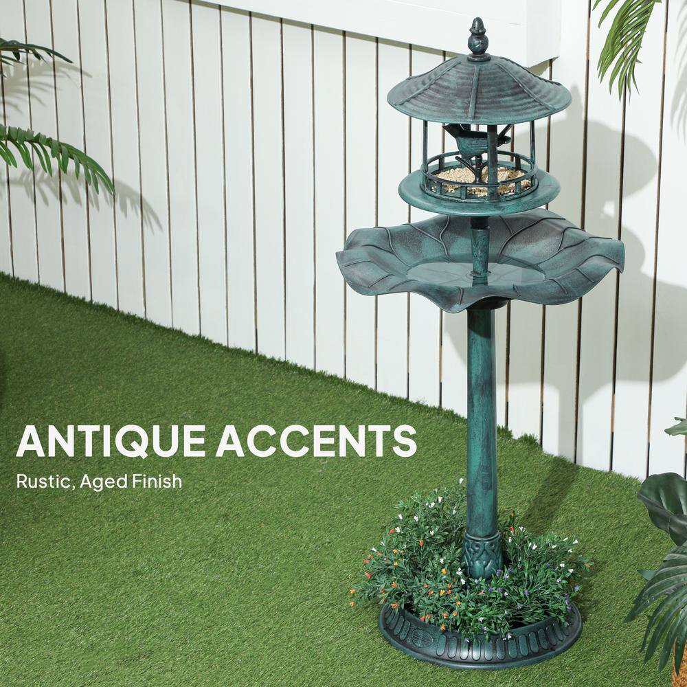 Green Plastic 3-in-1 Garden Bird Bath Bowl Pedestal with Feeder