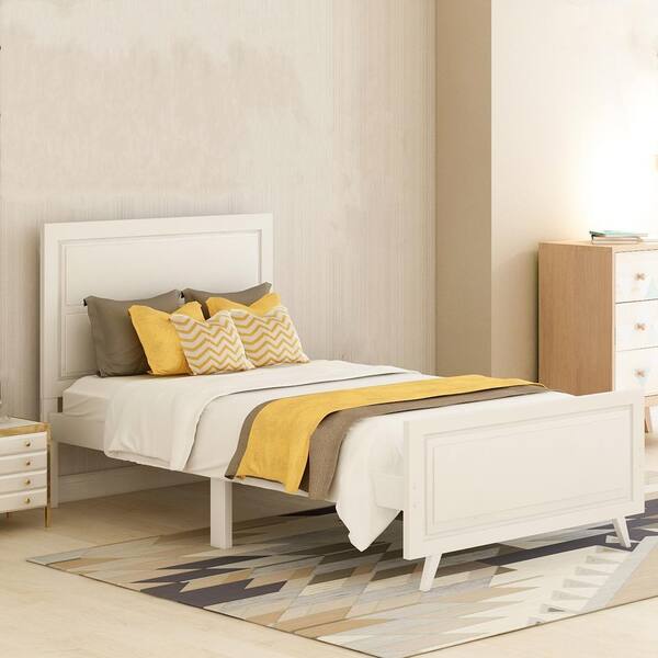 Magic Home White Twin Size Wood Platform Bed with Headboard and Wood Slat Support