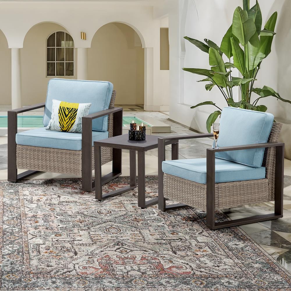 3-Piece Wicker Outdoor Lounge Chairs Patio Conversation Set with Metal Frame and Baby Blue Cushions price history on PriceWatchPro