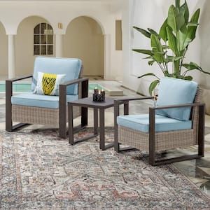 3-Piece Wicker Outdoor Lounge Chairs Patio Conversation Set with Metal Frame and Baby Blue Cushions